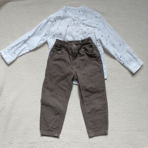 Zara Outfit Set Boy’s 3-4y Brown Jeans Pants White Shirt Novelty Print Cotton